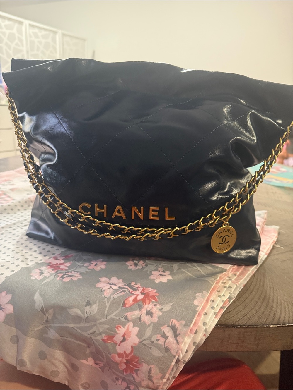 Vintage CHANEL Black Quilted Leather Shoulder Bag with Gold Chain